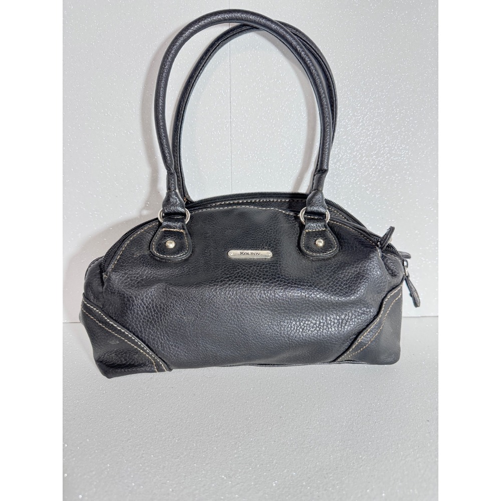 Koltov Black Pebbled Vinyl Shoulder Bag Satchel Top Stitch Zip Closure Handbag